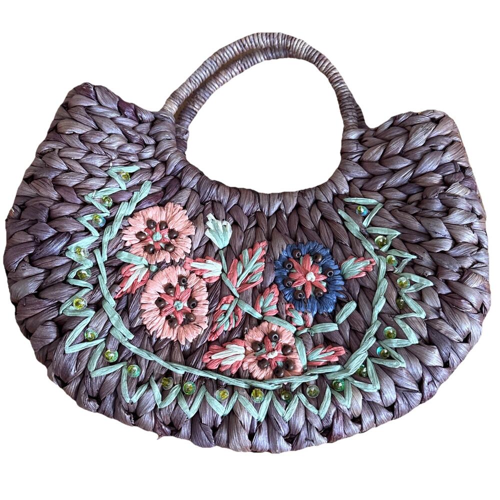 Rolf’s 100% Cornhusk Handbag Brown, With Floral Design Beading Coastal Grandma